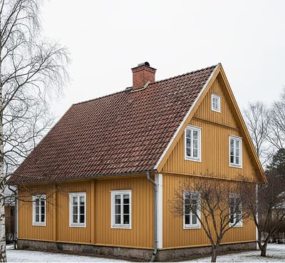 Öppen kallvind i villa med isolering, gångbrygga och synliga takstolar.